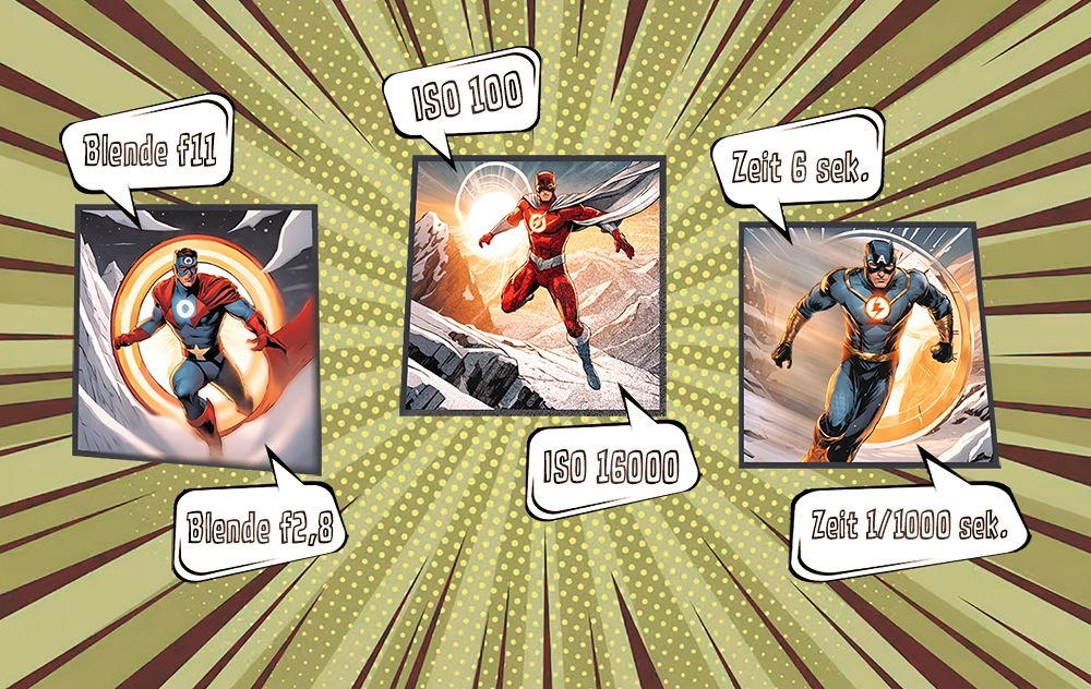 Comic-Grafik zum Zusammenhang von Blende, ISO und Verschlusszeit im Belichtungsdreieck der Fotografie.