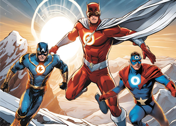 Comic-Motiv mit drei Superhelden als Symbol für die drei Säulen der Belichtung in der Fotografie.