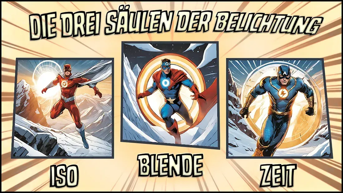 Comic-Grafik zu den drei Säulen der Belichtung mit den Begriffen ISO, Blende und Zeit.