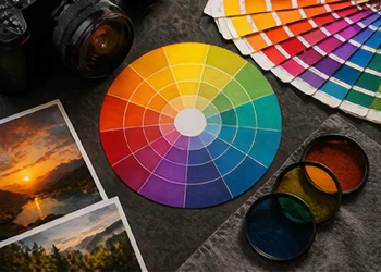 Farbkreis mit Kamera, Farbmustern und Filtern als Motiv zur Farblehre in der Fotografie.