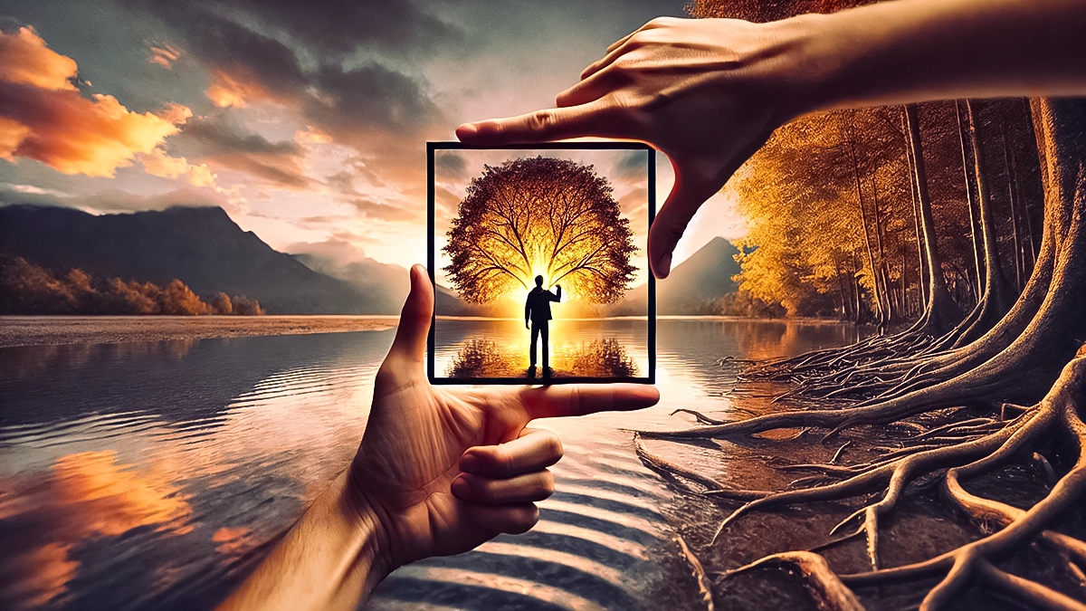 Symbolbild für fotografisches Sehen mit Händen als Bildrahmen, einer Person vor einem Baum und stimmungsvoller Landschaft am Wasser.