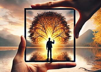 Symbolbild für fotografisches Sehen mit Bildrahmen, Person vor einem leuchtenden Baum und warmer Lichtstimmung.