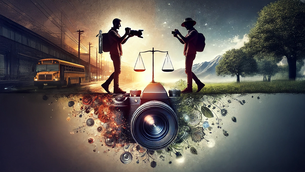 KI-Illustration zur Balance zwischen Technik und Kreativität in der Fotografie mit zwei Fotografen, Waage und Kamera.