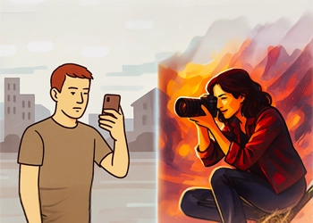 Illustration zum Unterschied zwischen Knipsen und Fotografieren mit Smartphone und Kamera.