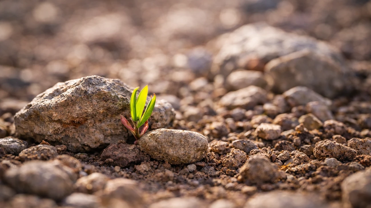 Kleiner grüner Keimling im steinigen Boden mit stärker betontem Licht und Schärfe als zweite optimierte Bildvariante für den Blog Neue Wege in der Fotografie 2026.