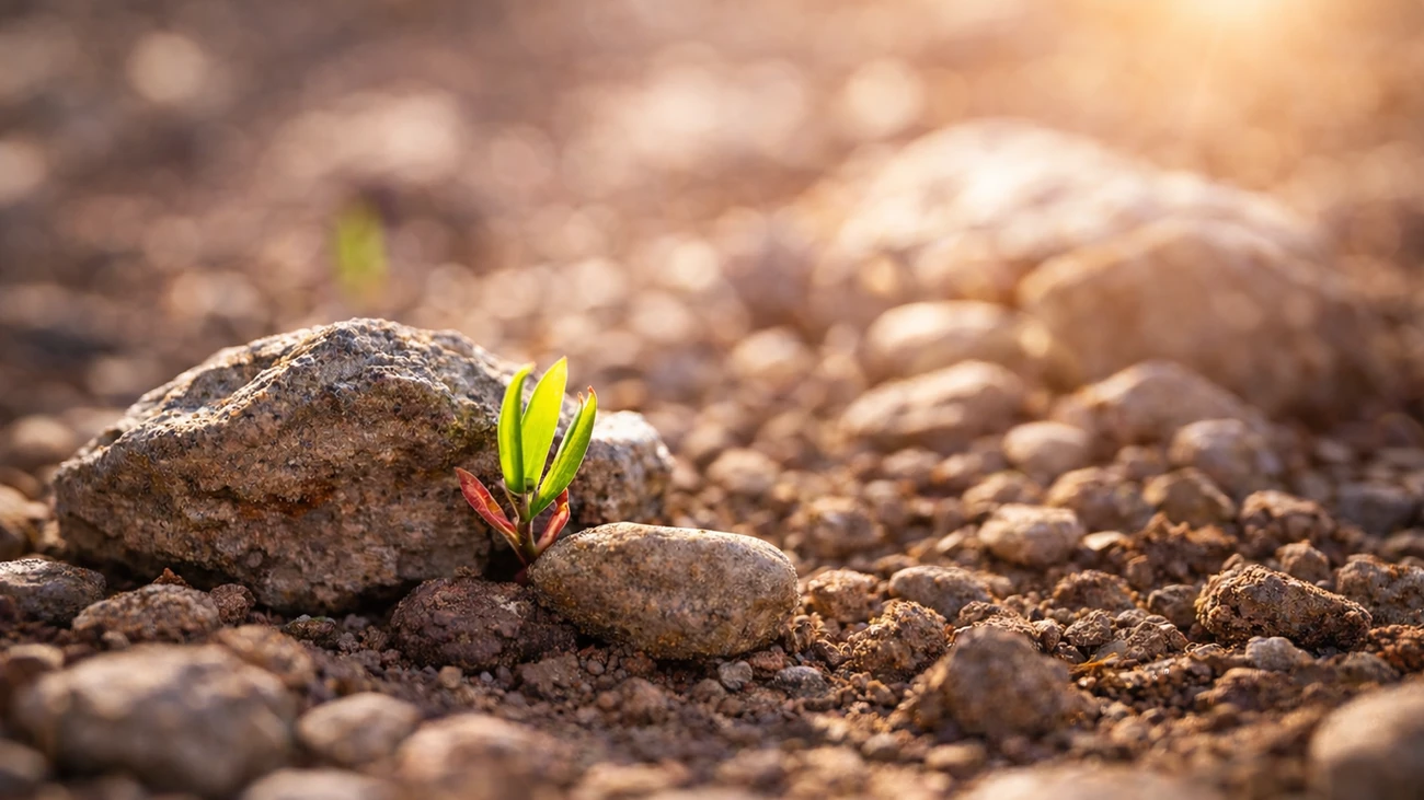 Kleiner grüner Keimling zwischen Steinen mit deutlicher Sonne von oben rechts als dritte optimierte Bildvariante für den Blog Neue Wege in der Fotografie 2026.