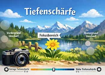 Grafik zur Tiefenschärfe mit Fokusbereich, unscharfem Vordergrund, unscharfem Hintergrund und einer gelben Blume als scharfem Hauptmotiv.