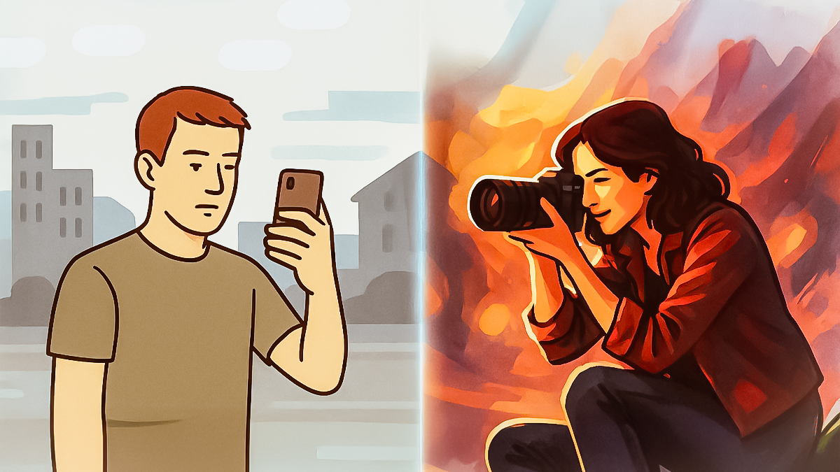 Illustration zum Unterschied zwischen Knipsen und bewusster Fotografie mit Smartphone und Kamera.