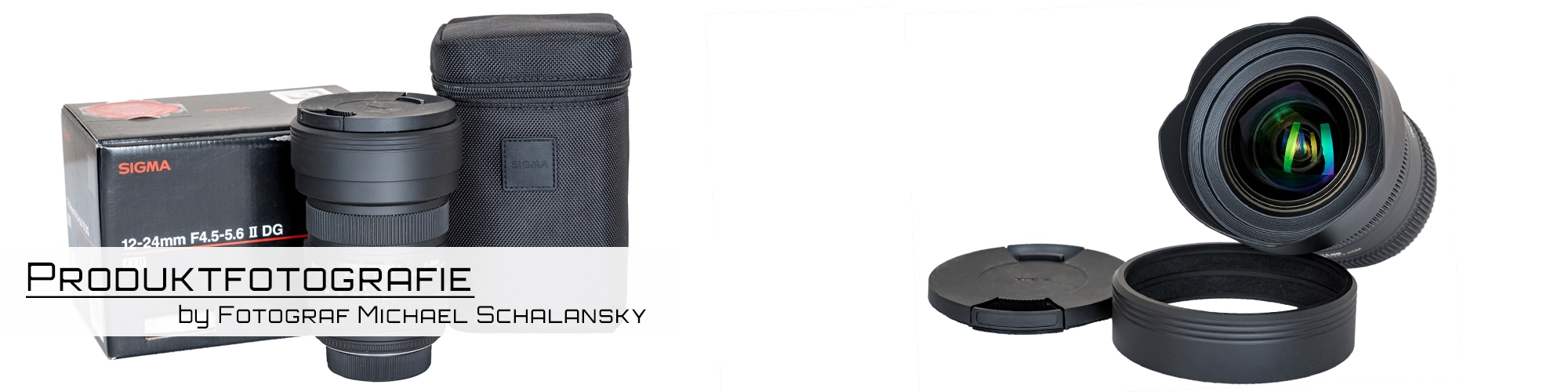 Ein professionelles Produktfoto, das ein Sigma 12-24mm F4.5-5.6 DG II Objektiv mit seiner Originalverpackung und Tragetasche darstellt. Rechts ist das Objektiv einzeln mit Zubehör wie Gegenlichtblende und Deckeln zu sehen. Hochauflösende Aufnahmen für Markenpräsentationen von Fotograf Michael Schalansky.