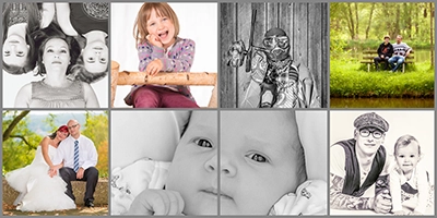 Acht unterschiedliche Porträts in einer Collage: Ein künstlerisches Familienbild, ein fröhliches Kinderporträt, ein stilisiertes Porträt mit Helm und Brille, ein entspanntes Paar-Porträt, ein Hochzeits-Outdoor-Porträt, ein zartes Baby-Porträt, und ein kreatives Vater-Kind-Porträt. Diese Sammlung zeigt die Bandbreite an Ausdruck und Stil in der Personenfotografie von Michael Schalansky.