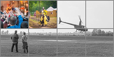 Eine Collage von drei Aufnahmen, die Reportagefotografie aus verschiedenen Ereignissen zeigen. Oben links: Eine Menschenmenge filmt ein Ereignis mit Smartphones. Oben Mitte: Ein Ritter in mittelalterlicher Rüstung auf einem Pferd während eines Turniers. Oben rechts und unten rechts: Ein Hubschrauber im Flug über einem Feld, in Schwarz-Weiß, sowie Zwei Personen beobachten das Geschehen aus der Ferne. Diese Bilder demonstrieren Michael Schalanskys Expertise in der Event- und Aktionsreportage.