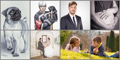 Eine Collage aus acht verschiedenen Porträts und Szenen, die die Breite des Angebots von Michael Schalansky demonstrieren. Dargestellt sind: ein stehender Mops-Welpe in Schwarz-Weiß, ein Eishockey-Spieler in voller Ausrüstung, ein Mann im Anzug als Business-Porträt, die Hände eines Paares auf einem schwangeren Bauch in Schwarz-Weiß, ein weiterer Mops beim Gehen, ein Brautpaar in einem historischen Gebäude, sowie zwei Kinder entspannt im Gras liegend. Diese Auswahl zeigt die umfassende Portrait- und Eventfotografie von Michael Schalansky.
