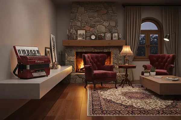 Akkordeon auf schwebendem Sideboard in einem gemütlichen Wohnzimmer mit Kamin, Natursteinwand, Sesseln und Teppich – Lifestyle-Produktfotografie.