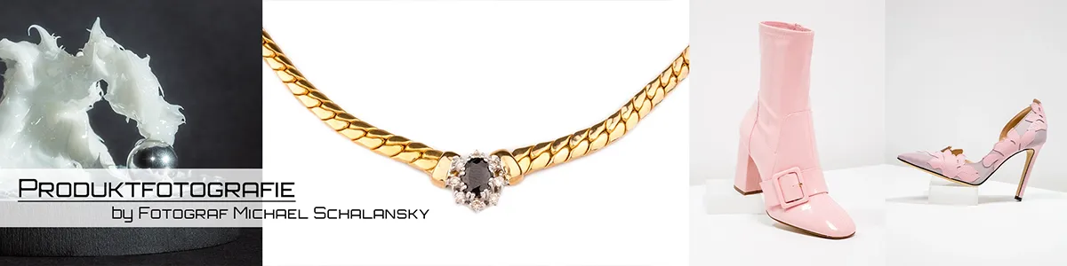 Produktfotografie Erfurt – Vielseitiges Portfolio von Michael Schalansky Portfolio-Ausschnitt von Michael Schalansky aus Erfurt, mit Beispielen für Kosmetik-, Schmuck- und Schuhfotografie: Creme-Detailaufnahme, goldenes Collier und rosafarbene Schuhe.