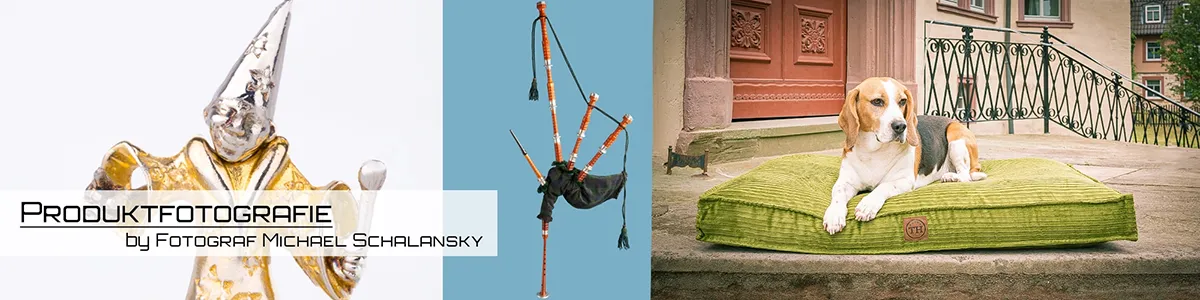 Produktfotografie für außergewöhnliche Objekte & Haustierprodukte Professionelle Aufnahmen von speziellen Produkten: Eine transparente Glasskulptur mit Silberdetails, ein traditioneller schottischer Dudelsack vor blauem Hintergrund und ein Beagle auf einem grünen Hundebett. Fotograf Michael Schalansky