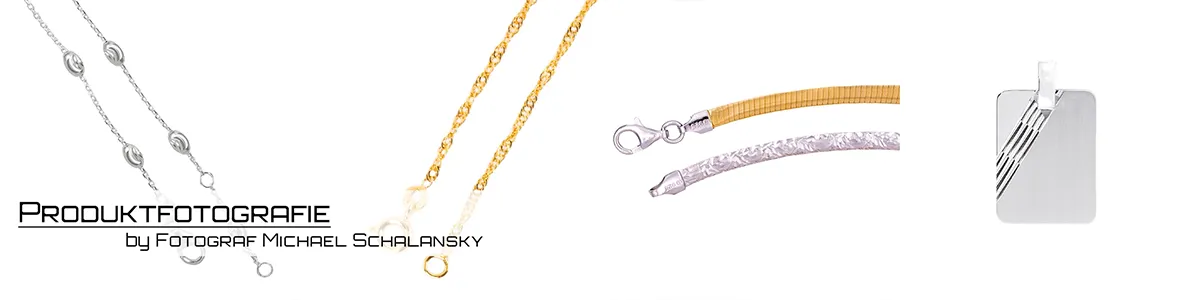 Hochwertige Schmuckfotografie für E-Commerce und Kataloge by Fotograf Michael Schalansky Professionelle Produktfotografie von Michael Schalansky, die verschiedene Schmuckstücke zeigt: Eine silberne Gliederkette, eine goldene Kordelkette, zwei goldfarbene und silberne Schlangenketten sowie einen rechteckigen, silbernen Kettenanhänger.