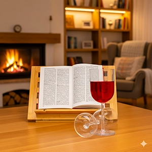 Arrangement Buchständer und Weingläser Still-Bild-Szene mit Hintergrundgenerierung durch KI, um das Produkt- Arrangement mehr Tiefe zu verleihen