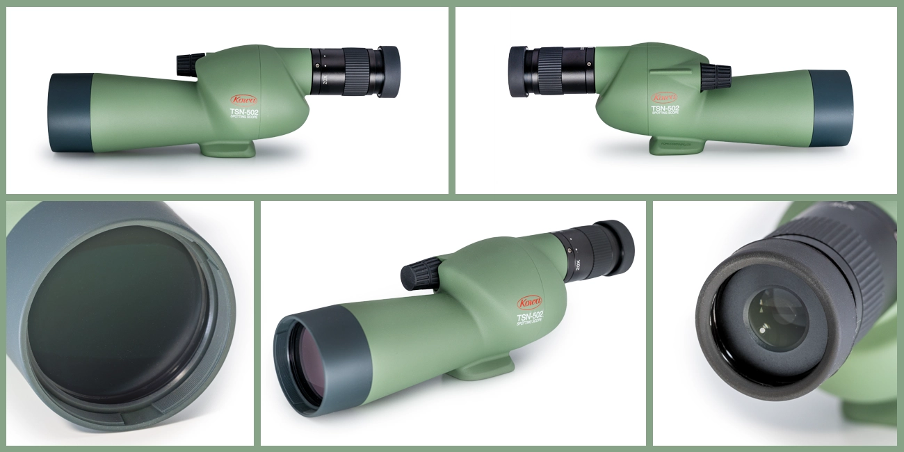 Produktcollage eines Kowa TSN-502 Spektivs als Freisteller mit Seitenansichten und Detailaufnahmen der Linsen.