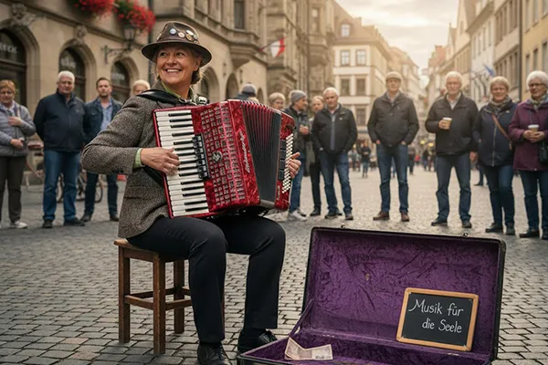 Straßenmusikerin mit Akkordeon auf Kopfsteinpflaster, daneben ein offener Instrumentenkoffer mit Schild „Musik für die Seele“, Zuschauer im Hintergrund.