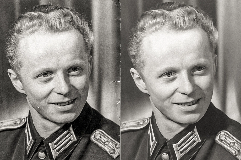 Side-by-Side-Vergleich eines alten Schwarz-Weiß-Porträts eines lächelnden Soldaten: Links die Originalaufnahme mit sichtbaren Altersspuren und Fehlern, rechts die professionell restaurierte Version mit verbesserter Klarheit und reparierten Schäden, die die Qualität der Fotoreproduktion zeigt.