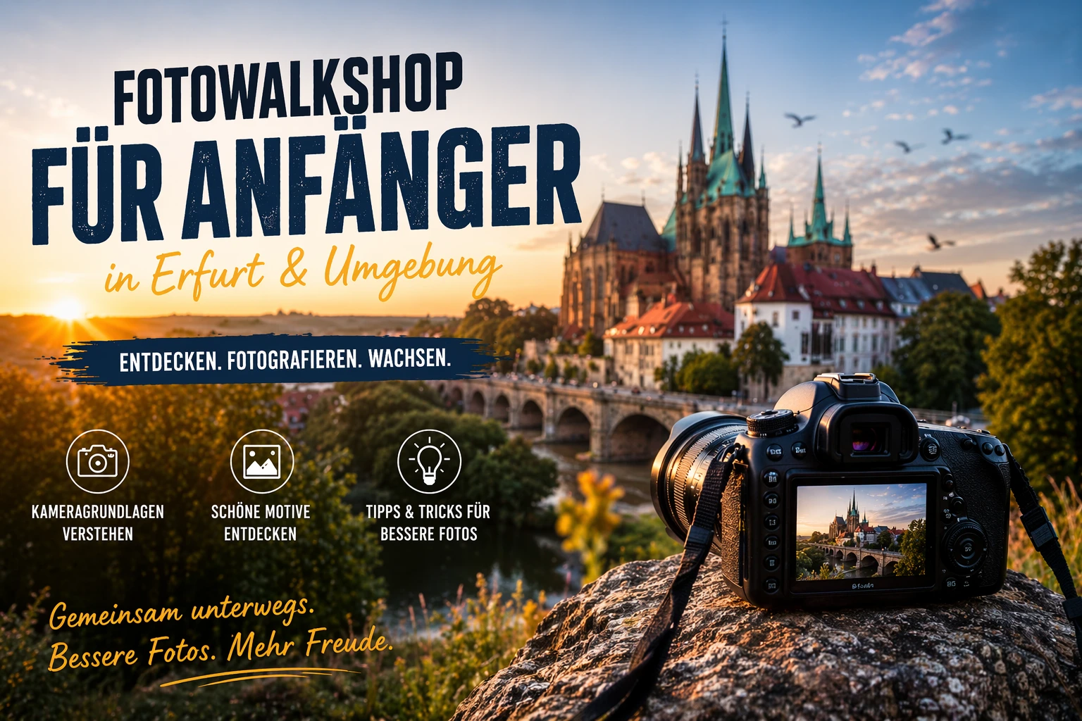 Fotowalkshop für Anfänger in Erfurt und Umgebung Headerbild für einen Fotowalkshop für Anfänger in Erfurt und Umgebung mit Erfurter Dom, Kamera und Workshop-Text.