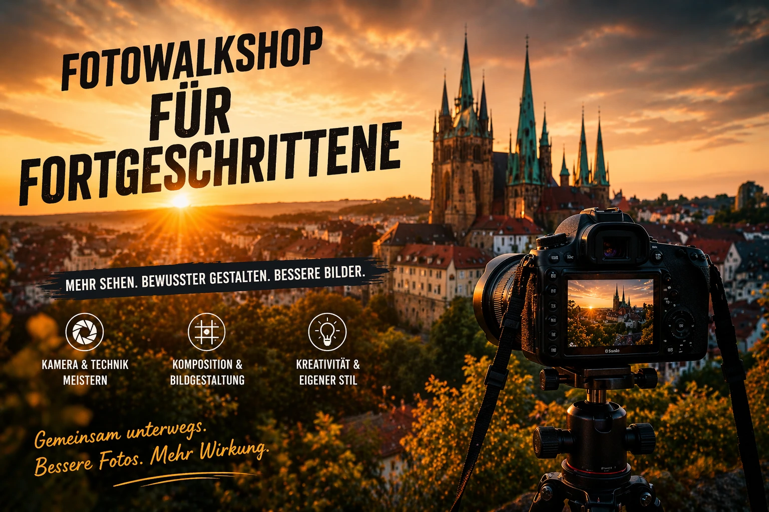 Fotowalkshop für Fortgeschrittene in Erfurt und Umgebung Headerbild für einen Fotowalkshop für Fortgeschrittene in Erfurt und Umgebung mit Stadtsilhouette, Kamera und Workshop-Text.