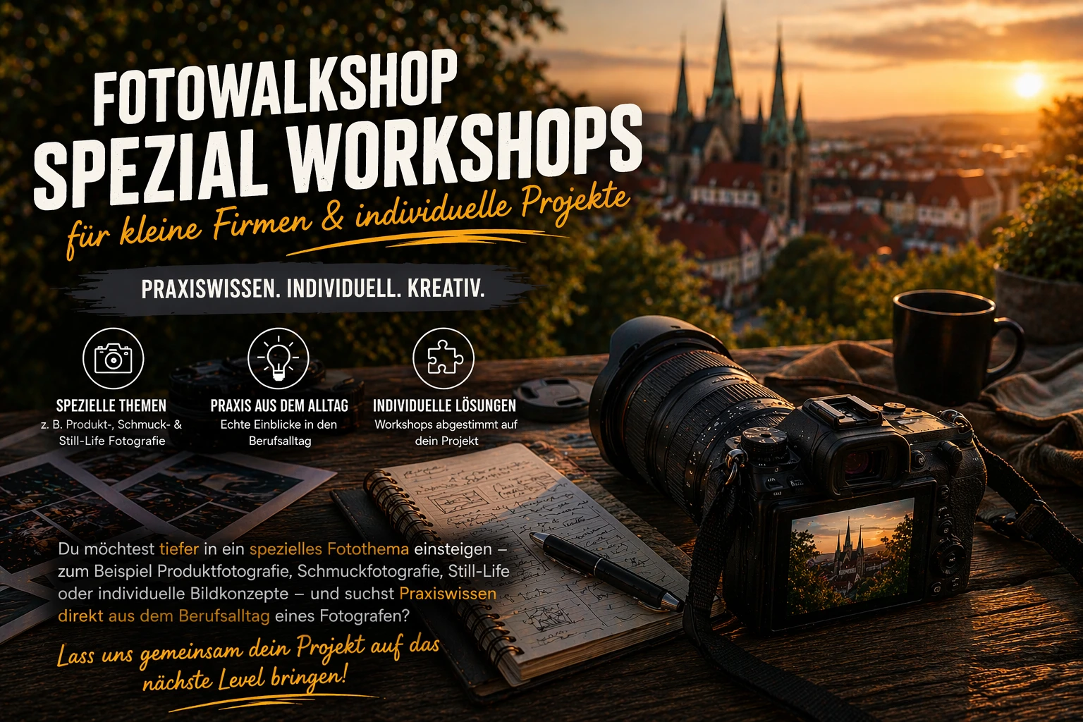 Spezial-Workshops und individuelle Fotoprojekte in Erfurt Headerbild für Spezial-Workshops und Fotowalkshops in Erfurt mit Kamera, Notizbuch und Workshop-Text für Firmen und individuelle Projekte.
